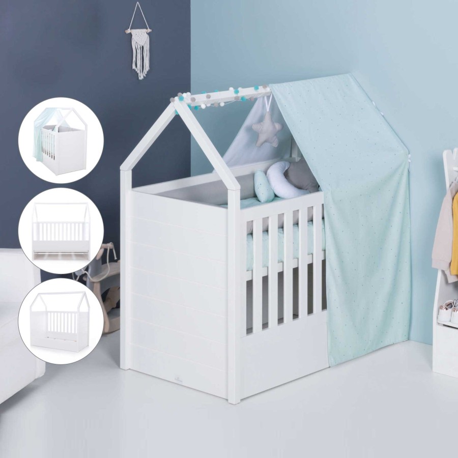 Culle Per Bambini Alondra | White Montessori House Cot And Teepee Tent Bed (5In1) 70X140 Auna Mint