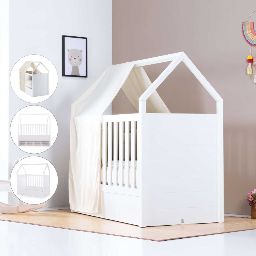 Culle Per Bambini Alondra | White Montessori House Cot And Teepee Tent Bed (5In1) 70X140 Auna Sahara Sand